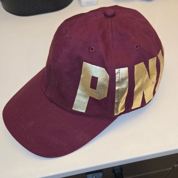 VVictoria's Secret Pink Hat Baseball Cap, Burgundy/Ruby/Gold Side Logo - Picture 2 of 11